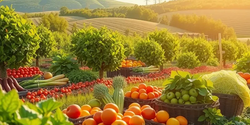 Lush organic farming field with vibrant vegetables and fruits in a sunlit setting.