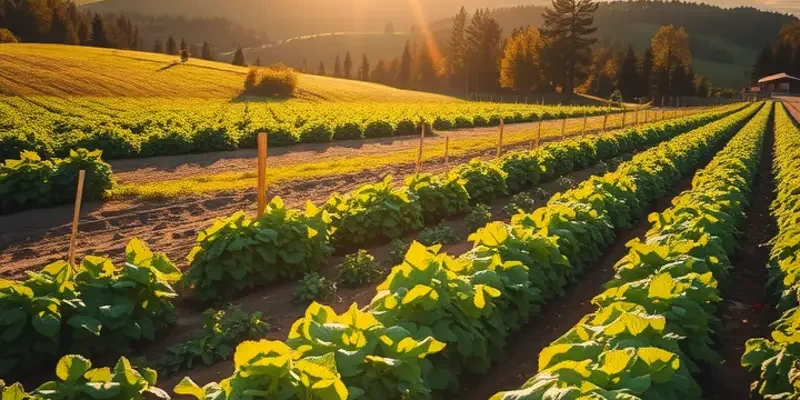 A scenic view of an organic farm with diverse crops, illustrating healthy nutritional habits.