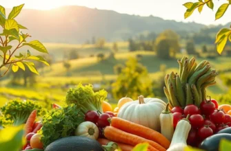 A lush field brimming with organic fruits and vegetables under soft sunlight.