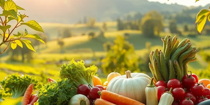 A lush field brimming with organic fruits and vegetables under soft sunlight.