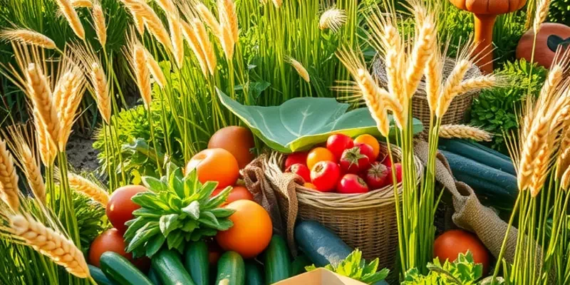 A photorealistic landscape showcasing vibrant vegetables and fruits in a sunlit field.