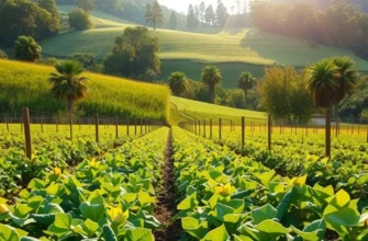 A lush landscape highlighting a variety of organic vegetables and fruits in natural sunlight.