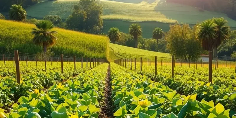 A lush landscape highlighting a variety of organic vegetables and fruits in natural sunlight.