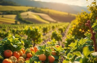 A sunlit landscape featuring vibrant fruits and vegetables growing naturally.