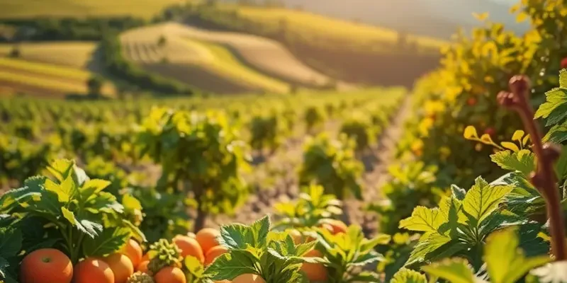 A sunlit landscape featuring vibrant fruits and vegetables growing naturally.