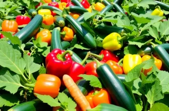A sunlit field showcasing a flourishing garden of various colorful vegetables.
