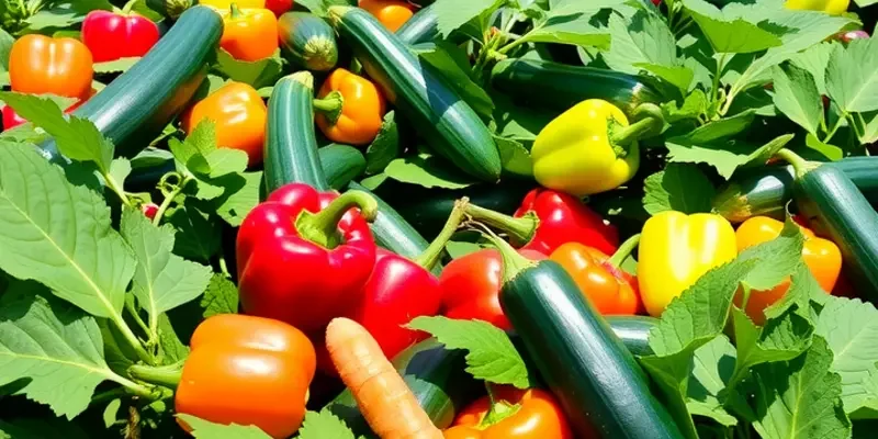 A sunlit field showcasing a flourishing garden of various colorful vegetables.