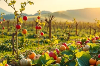 Serene landscape of an organic farm with lush greenery and vibrant produce under soft sunlight.