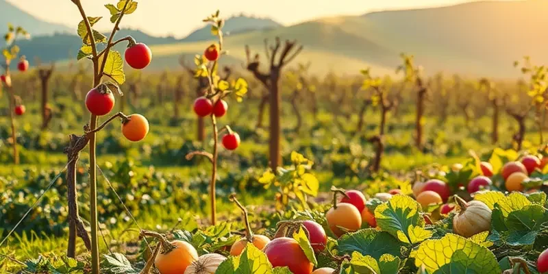 Serene landscape of an organic farm with lush greenery and vibrant produce under soft sunlight.