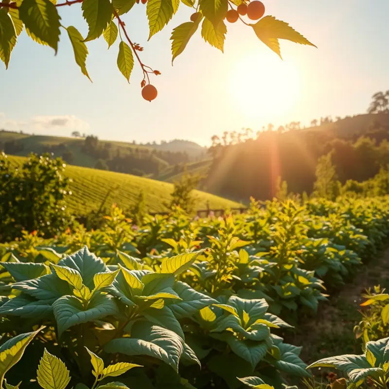 A serene landscape showcasing vibrant fruits and vegetables growing in nature.