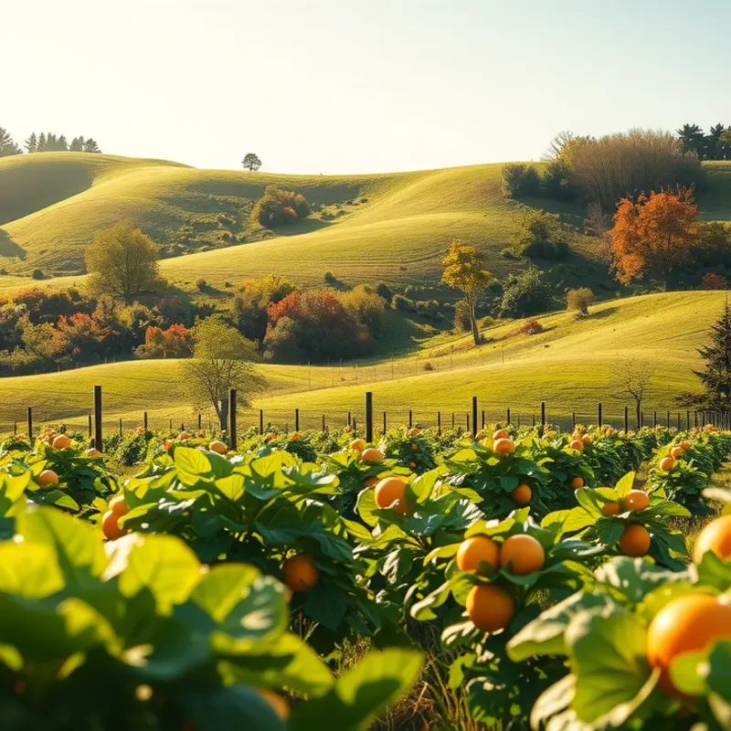 A serene sunlit field showcasing vibrant vegetables and fruits.