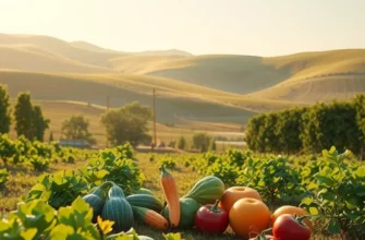A sunlit landscape showing an abundance of organic produce in a lush green environment.