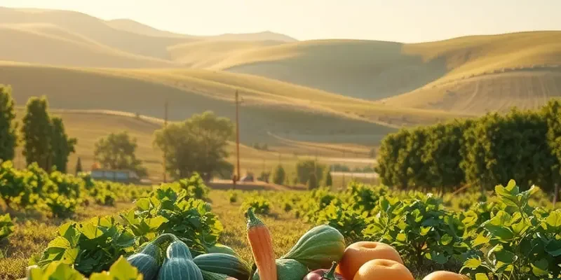 A sunlit landscape showing an abundance of organic produce in a lush green environment.