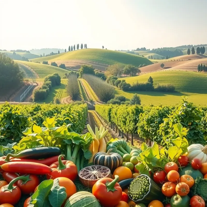A sunlit field showcasing an abundance of organic vegetables and fruits.