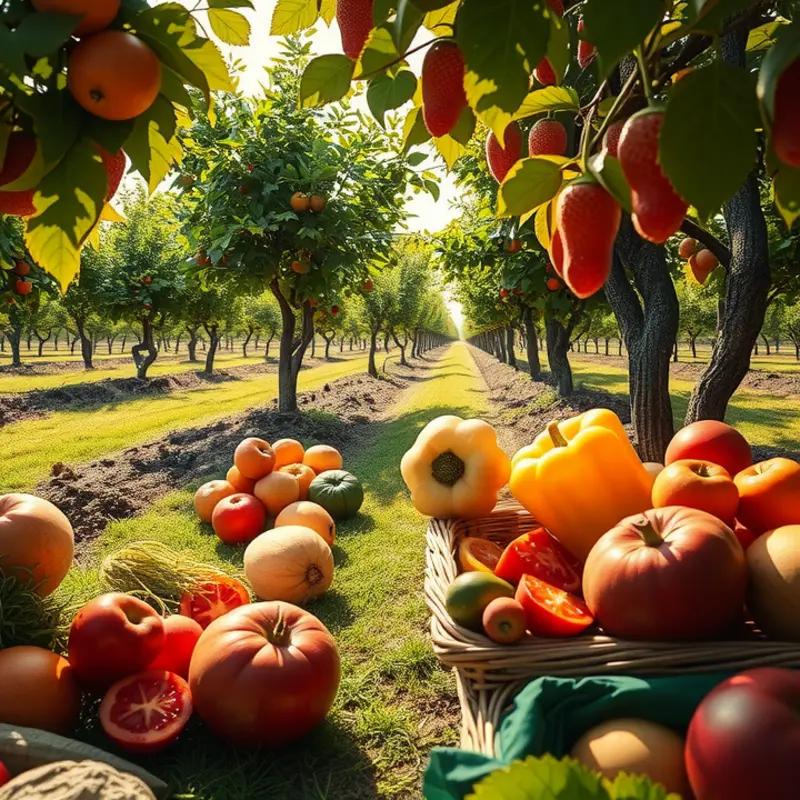A tranquil sunlit field showcasing vibrant organic produce.