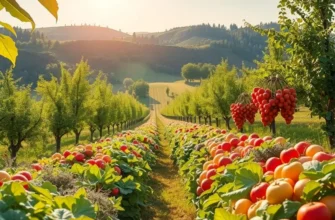 A lush orchard with an array of healthy fruits and vegetables, idealizing the connection between nature and nurturing body intuition.