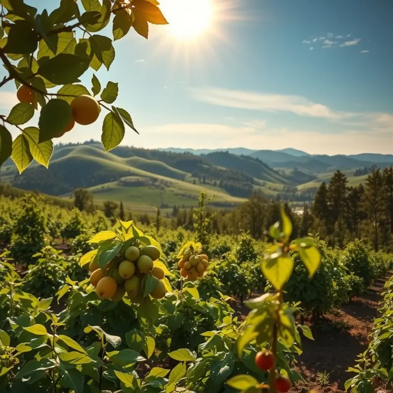 A sunlit field filled with vibrant vegetables and fruits, depicting the abundance of organic produce.