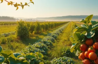 A beautiful organic landscape featuring a variety of fruits and vegetables in a sunlit field.