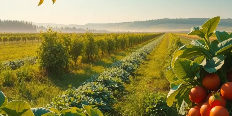 A beautiful organic landscape featuring a variety of fruits and vegetables in a sunlit field.