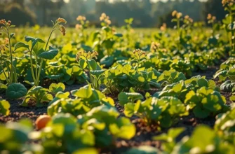 An expansive field filled with fresh fruits and vegetables against a serene natural backdrop.