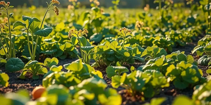 An expansive field filled with fresh fruits and vegetables against a serene natural backdrop.