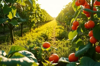 A vibrant landscape with lush greenery and organic vegetables and fruits growing under soft, warm sunlight.