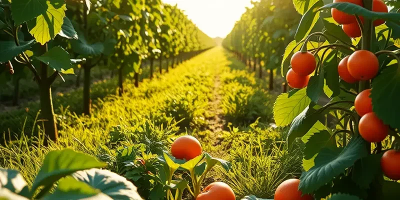 A vibrant landscape with lush greenery and organic vegetables and fruits growing under soft, warm sunlight.