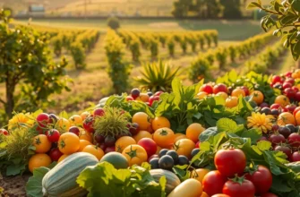 A lush green field filled with thriving organic produce under sunlight.