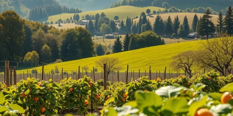 Scenic landscape of a lush field filled with organic produce in natural lighting.