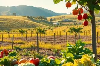 Photorealistic view of an organic farm with various fruits and vegetables under a sunny sky.