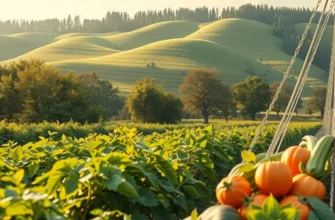 A vibrant landscape showcasing an abundance of organic fruits and vegetables under soft, warm sunlight.