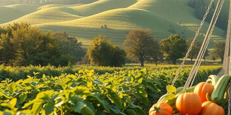 A vibrant landscape showcasing an abundance of organic fruits and vegetables under soft, warm sunlight.
