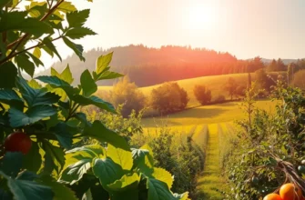 A scenic view of a sunlit landscape showcasing an abundance of fresh organic fruits and vegetables.
