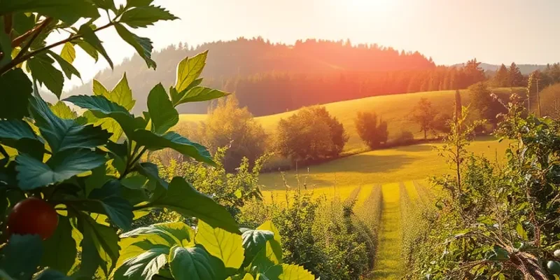 A scenic view of a sunlit landscape showcasing an abundance of fresh organic fruits and vegetables.