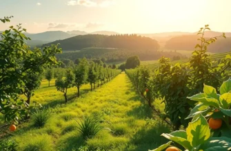 A peaceful scene showing an organic field filled with colorful vegetables and fruits.