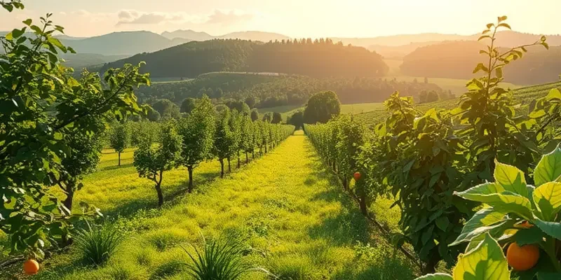 A peaceful scene showing an organic field filled with colorful vegetables and fruits.