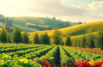 An idyllic scene of vibrant organic fruits and vegetables growing in a sunlit field.