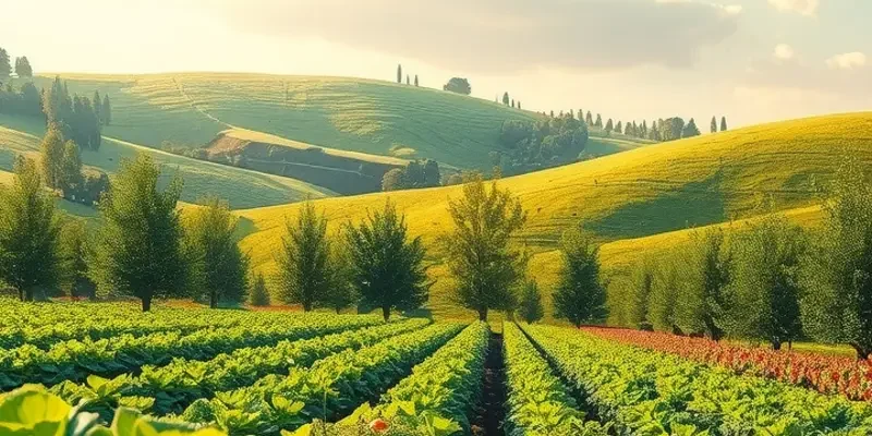 An idyllic scene of vibrant organic fruits and vegetables growing in a sunlit field.