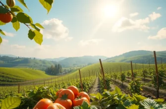 A sunlit field with a variety of fresh fruits and vegetables, representing healthy eating.