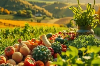 A tranquil orchard filled with vibrant organic fruits and vegetables grown naturally among lush greenery.