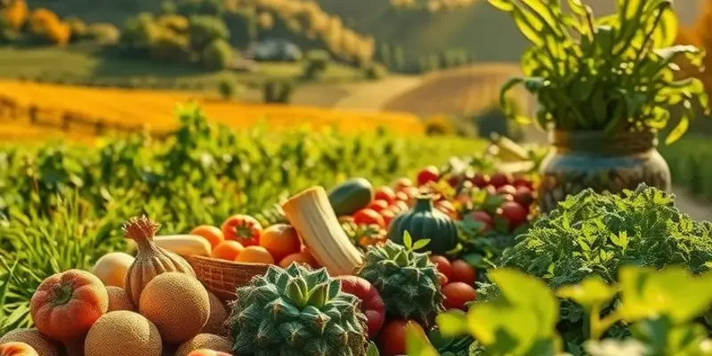 A tranquil orchard filled with vibrant organic fruits and vegetables grown naturally among lush greenery.