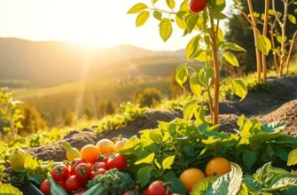 A picturesque landscape filled with organic vegetables and fruits growing in fertile land.