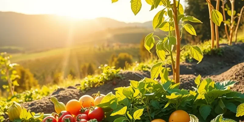 A picturesque landscape filled with organic vegetables and fruits growing in fertile land.