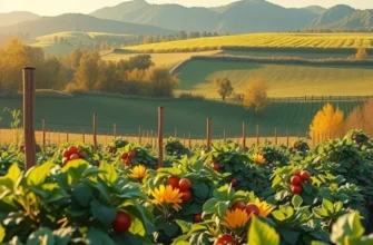 A sunlit field with vibrant vegetables and fruits, representing the key ingredients for soups globally.