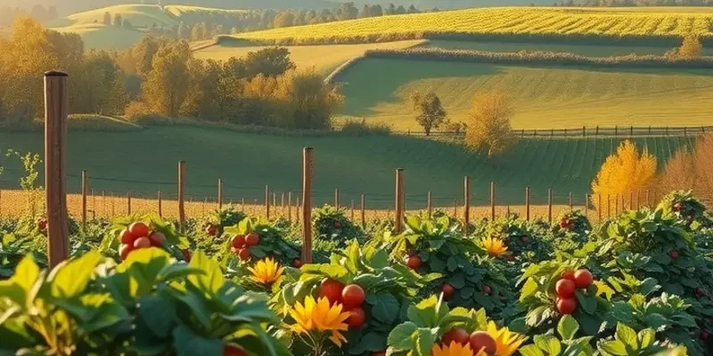 A sunlit field with vibrant vegetables and fruits, representing the key ingredients for soups globally.