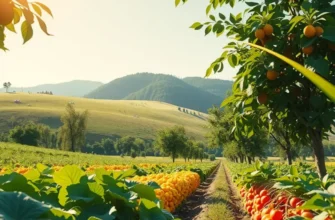 A beautiful sunlit field filled with organic vegetables and fruits growing in a vibrant natural landscape.