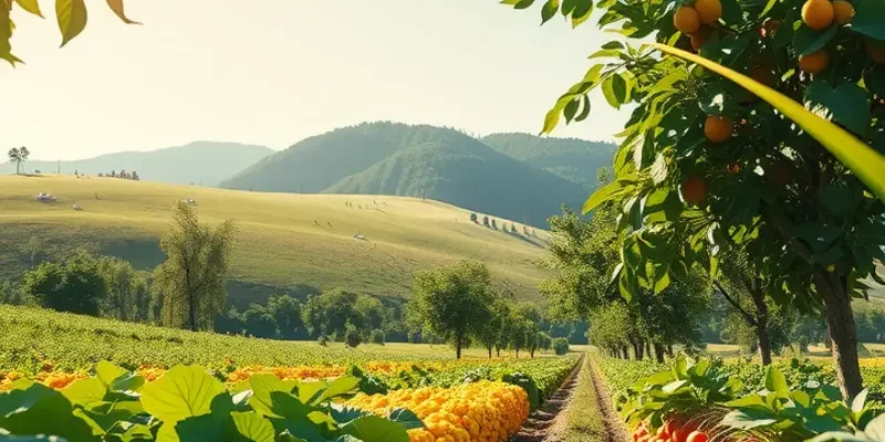 A beautiful sunlit field filled with organic vegetables and fruits growing in a vibrant natural landscape.