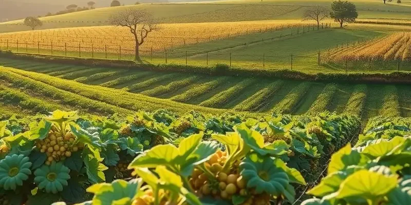A picturesque field showcasing vibrant organic produce under soft sunlight.