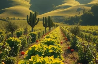 A beautiful sunset over an organic farm with vibrant vegetables and fruits, representing the beauty of nature.
