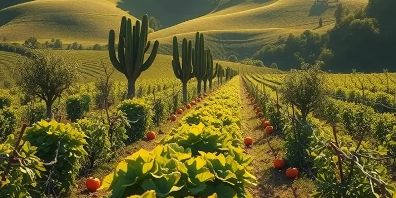 A beautiful sunset over an organic farm with vibrant vegetables and fruits, representing the beauty of nature.
